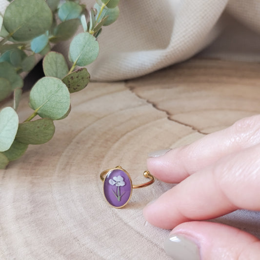 Anello Ovale grande Regolabile in Acciaio con Fiori essiccati -Oro