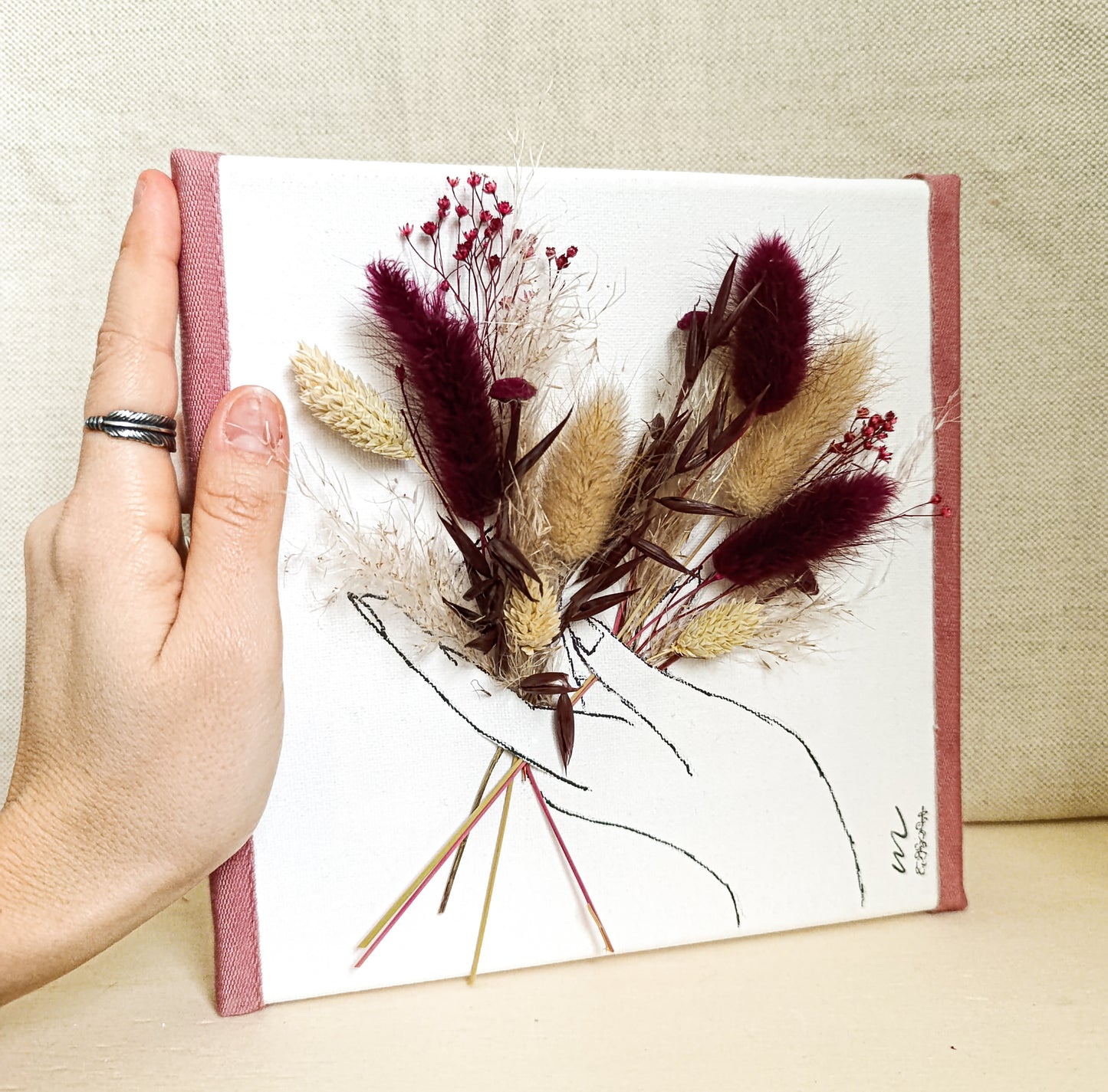 Quadretto Artistico con Fiori Secchi Bordeaux