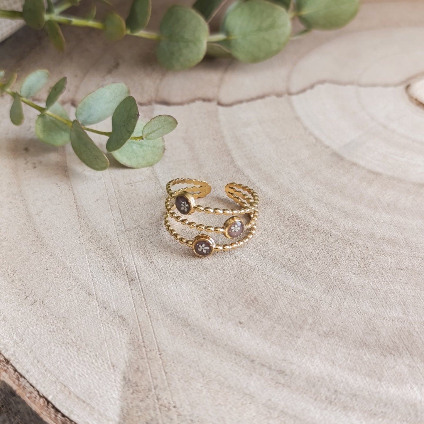 Anello Triplo Regolabile in Acciaio con Carota Selvatica -Oro