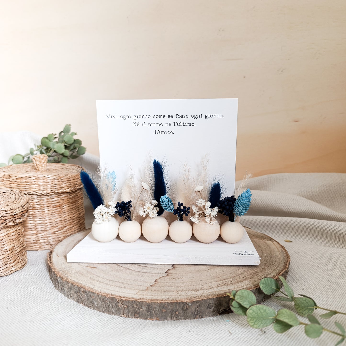 Porta Foto e Frase con Fiori Secchi Blu