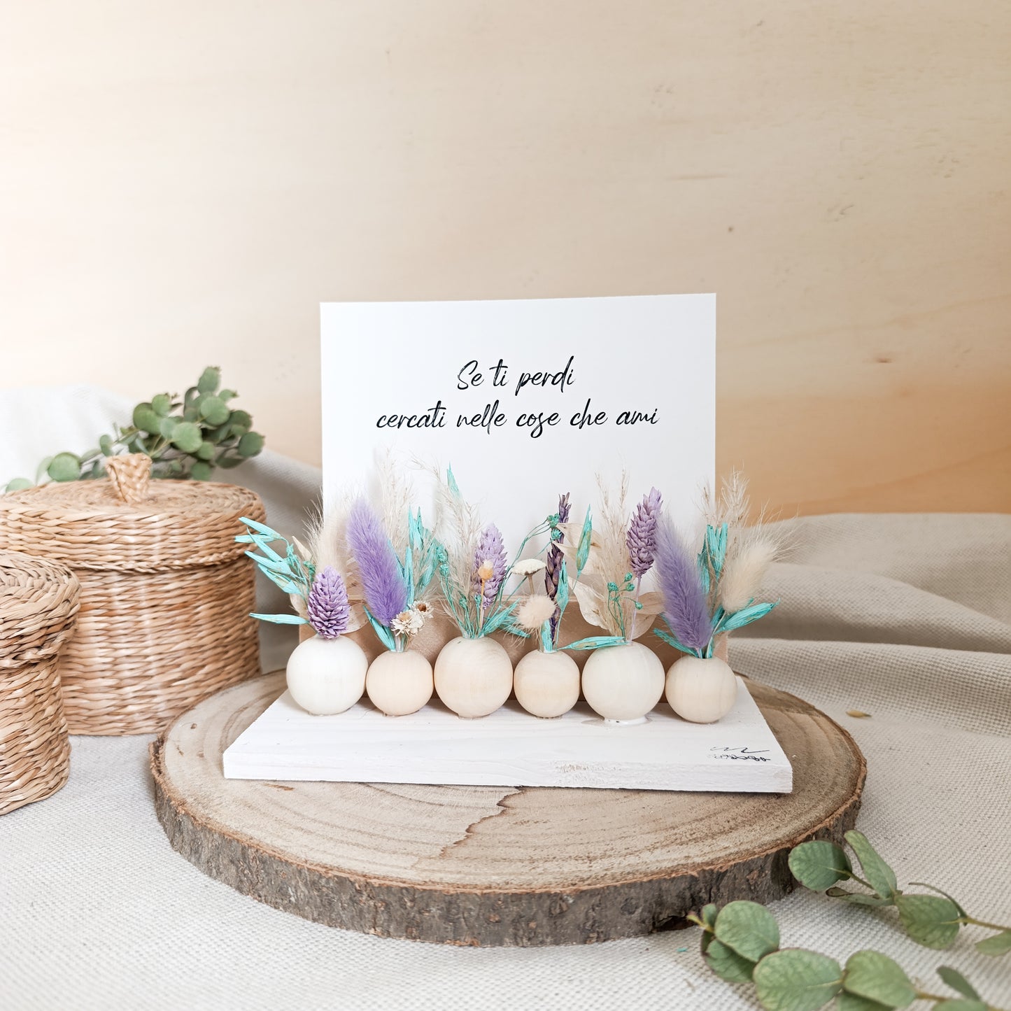 Porta Foto e Frase con Fiori Secchi Lilla/Azzurro