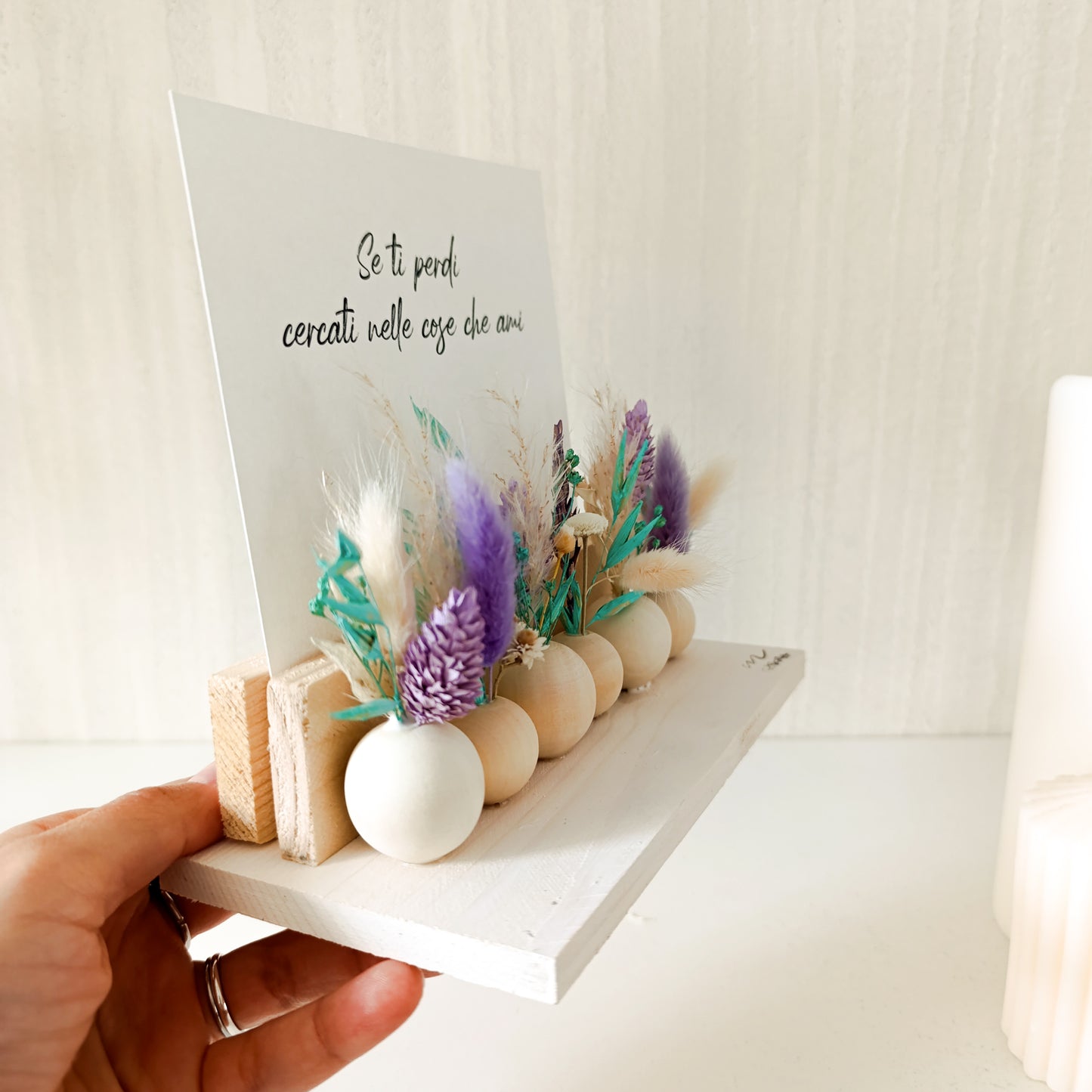 Porta Foto e Frase con Fiori Secchi Lilla/Azzurro