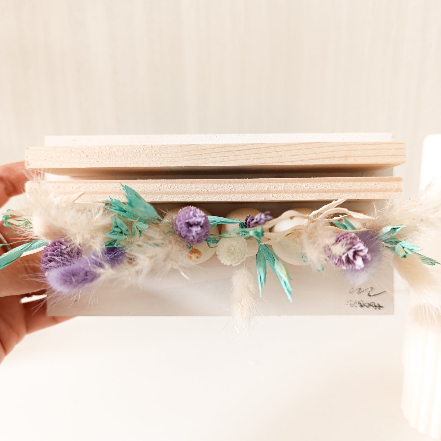 Porta Foto e Frase con Fiori Secchi Lilla/Azzurro
